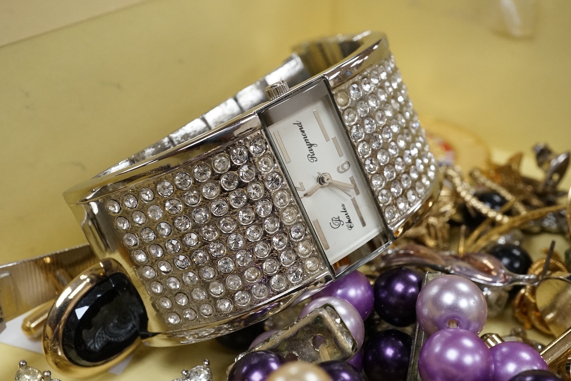 A quantity of assorted costume including necklaces, bangle, etc. and two wrist watches.